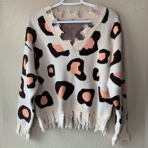 Beauts & Beaus Cream Pink Animal Print Distressed Grunge Boho Sweater Size L